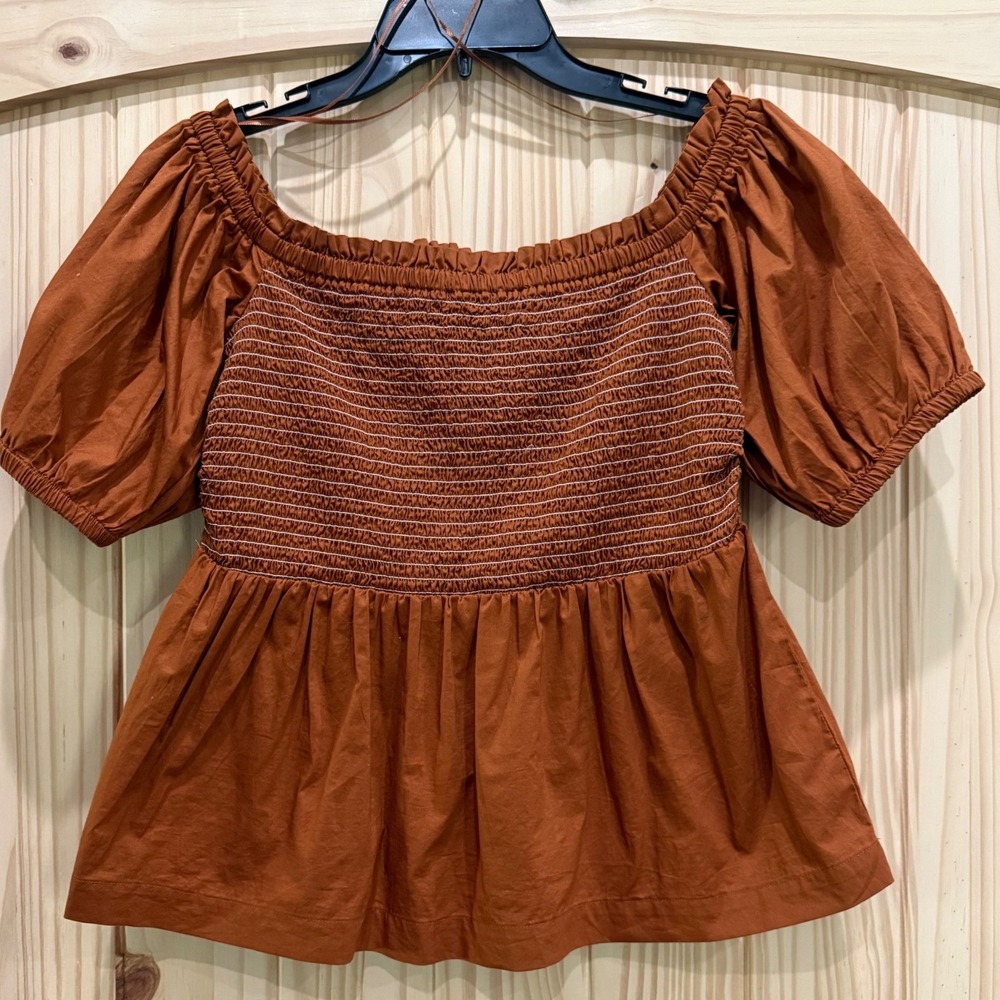 Old Navy Rust Brown Smocked Puff Sleeve Peplum Top Medium Cotton Cottagecore